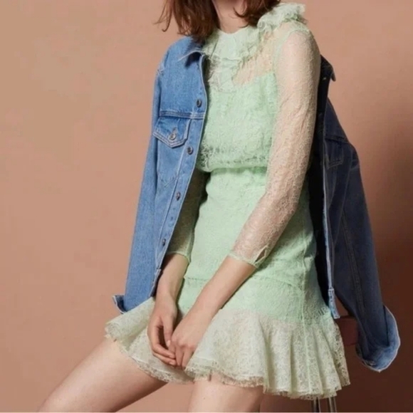 SANDRO Cocqette Ruffled corded lace mini dress, Mint Green, Size 8 - Picture 5 of 16